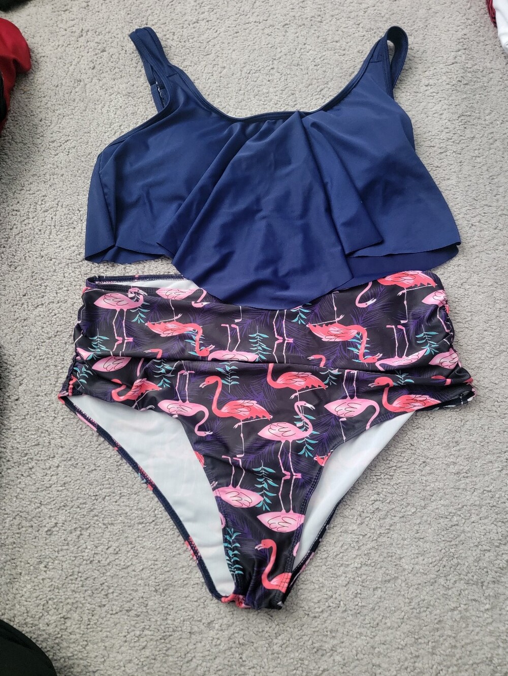 Womens Navy Blue Two-Piece Swimsuit with Pink Flamingo Print